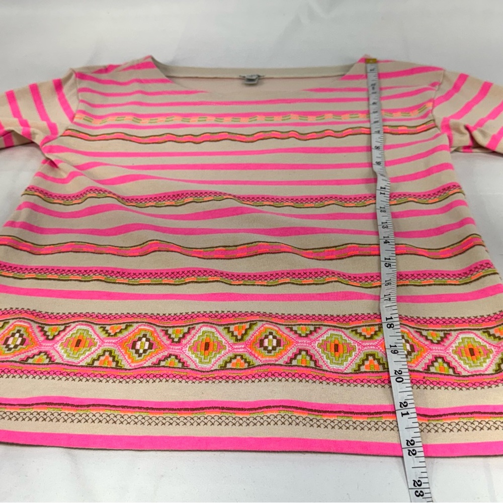 J. Crew XS neon pink stripe bohemian embroidered accent 3/4 sleeve top - Picture 5 of 13